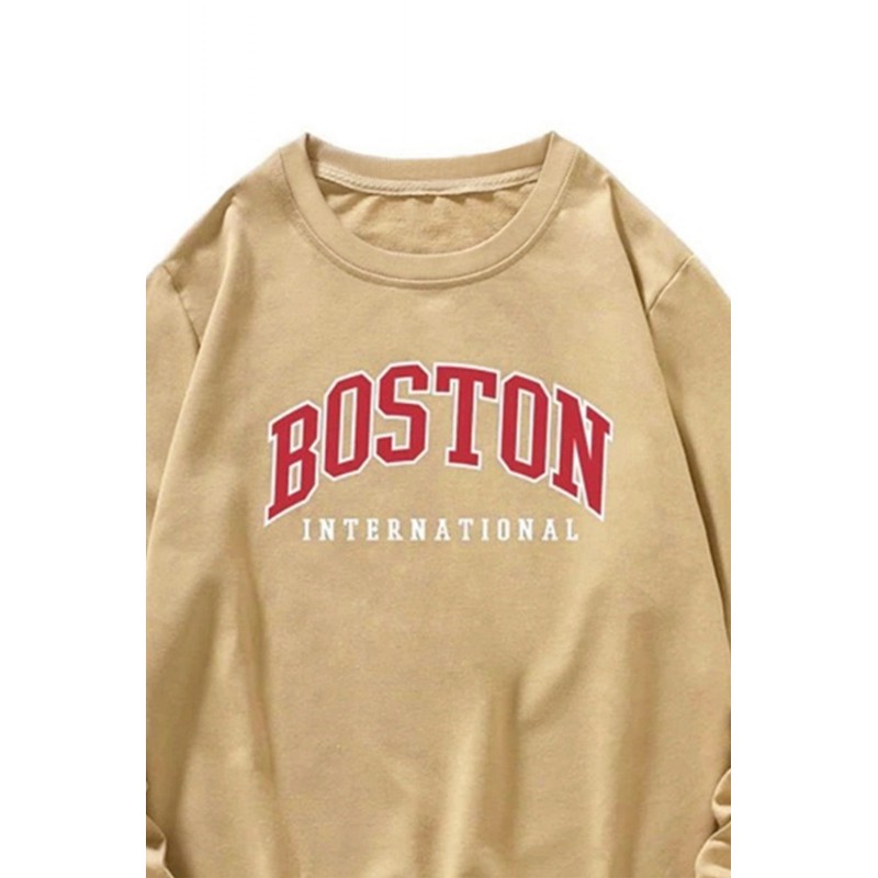 Khaki BOSTON Letters Print Crew Neck Men's Pullover Sweatshirt Khaki BOSTON Letters Print Crew Neck Men's Pullover Sweatshirt