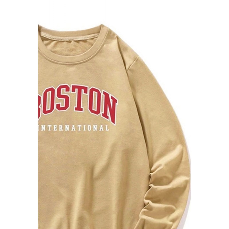Khaki BOSTON Letters Print Crew Neck Men's Pullover Sweatshirt Khaki BOSTON Letters Print Crew Neck Men's Pullover Sweatshirt