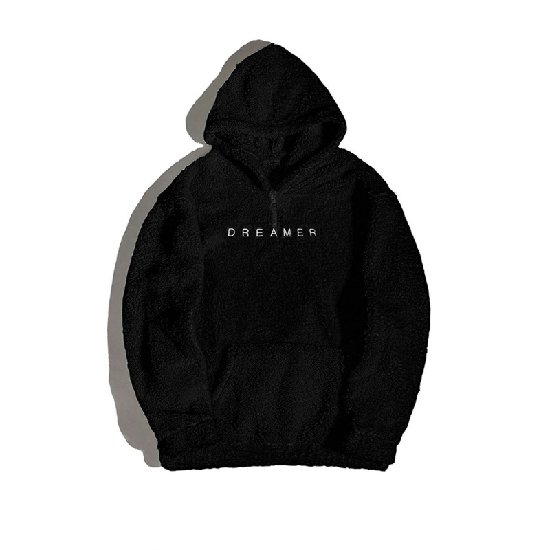 Black Letter Embroidered Long Sleeve Men's Sherpa Hoodie Black Letter Embroidered Long Sleeve Men's Sherpa Hoodie