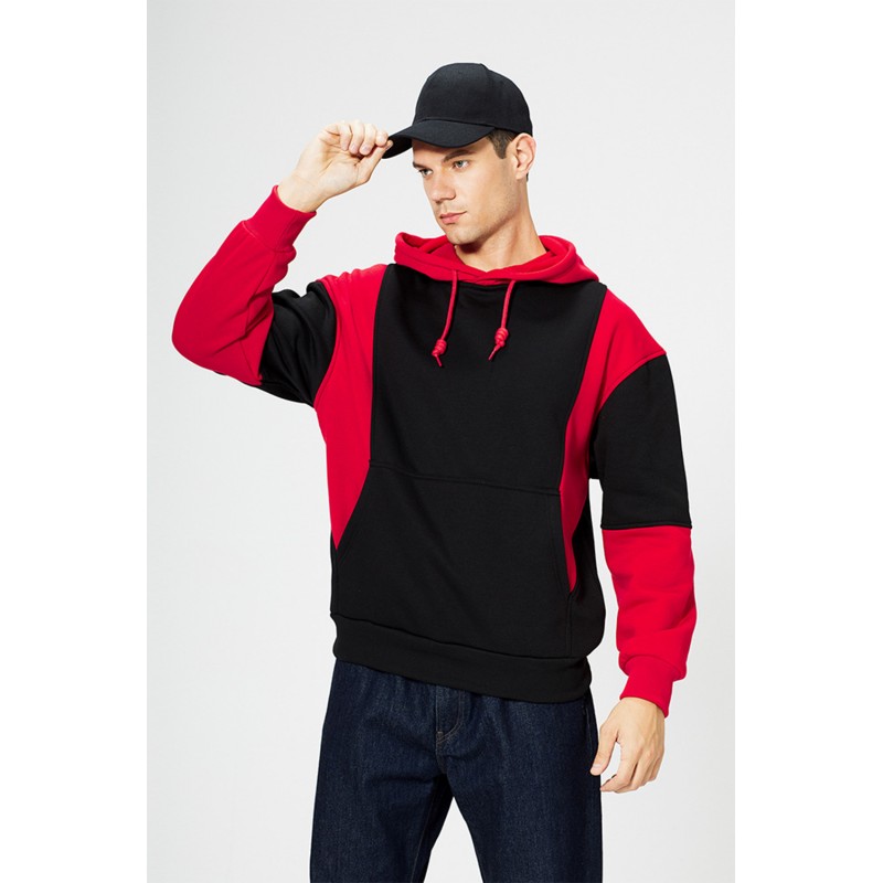 Red Men Colorblock Pullover Long Sleeve Hoodie