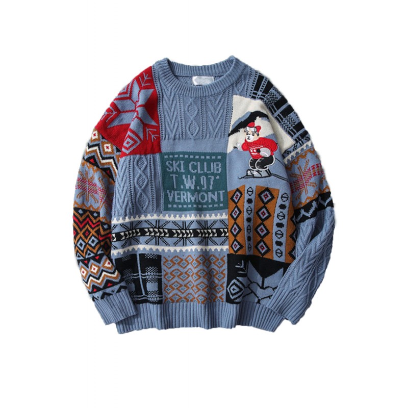 Blue Graphic Letter Christmas Knitted Men's Pullover Sweater Blue Graphic Letter Christmas Knitted Men's Pullover Sweater