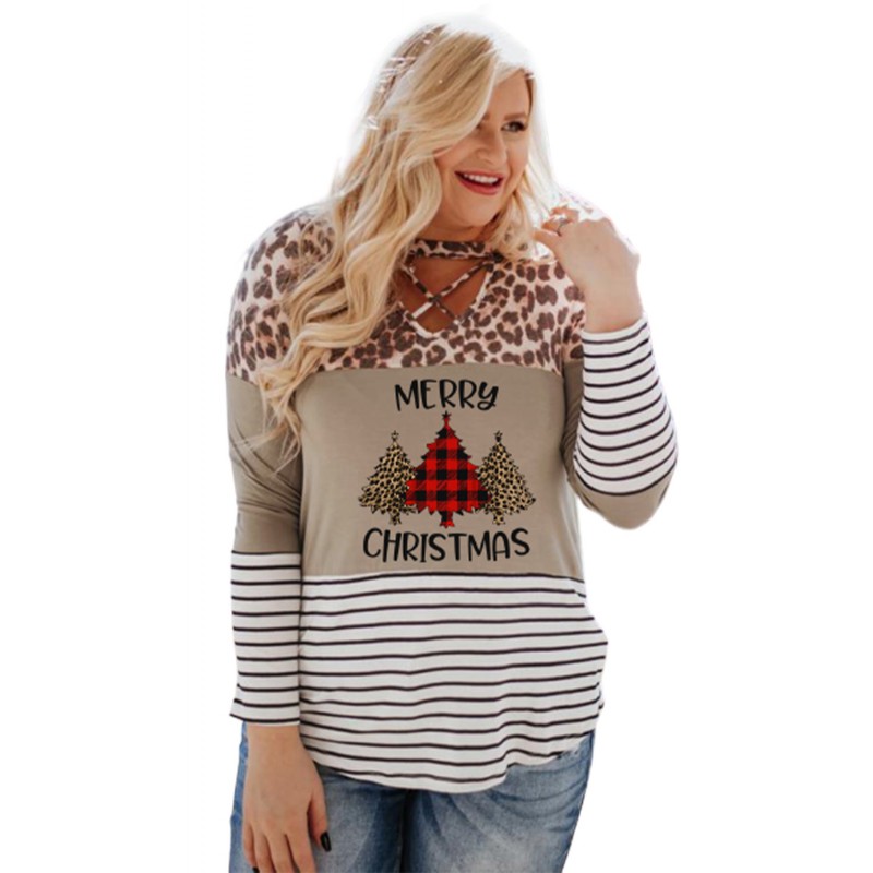 Christmas Letter Leopard Striped Color Block Top Christmas Letter Leopard Striped Color Block Top