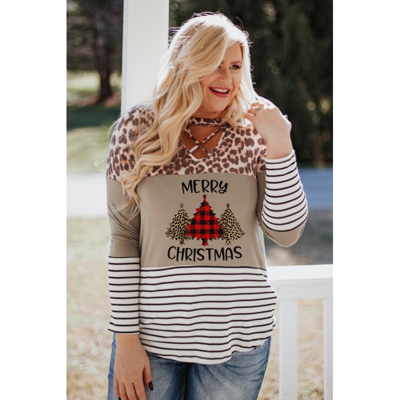 Christmas Letter Leopard Striped Color Block Top Christmas Letter Leopard Striped Color Block Top