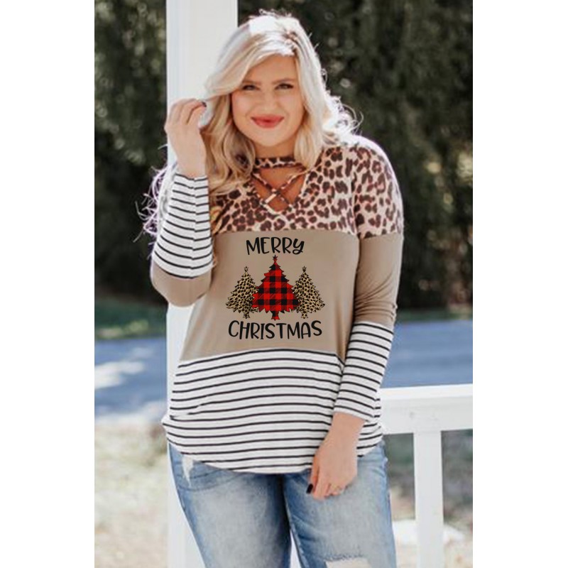 Christmas Letter Leopard Striped Color Block Top Christmas Letter Leopard Striped Color Block Top