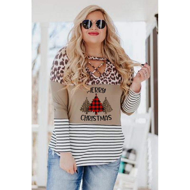 Christmas Letter Leopard Striped Color Block Top Christmas Letter Leopard Striped Color Block Top