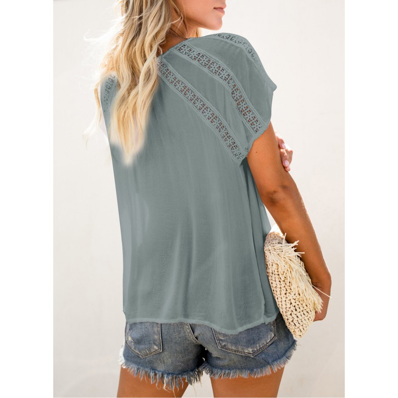 Crochet Eyelet Short Sleeves Top Crochet Eyelet Short Sleeves Top
