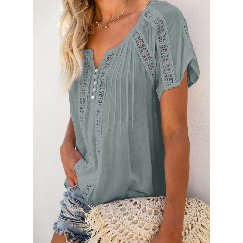 Crochet Eyelet Short Sleeves Top Crochet Eyelet Short Sleeves Top