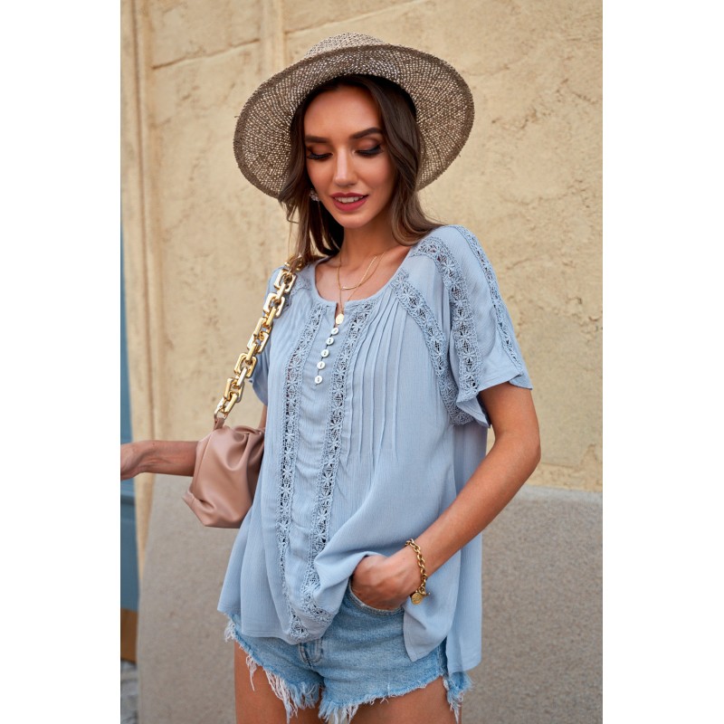 Sky Blue Crochet Eyelet Short Sleeves Top Sky Blue Crochet Eyelet Short Sleeves Top