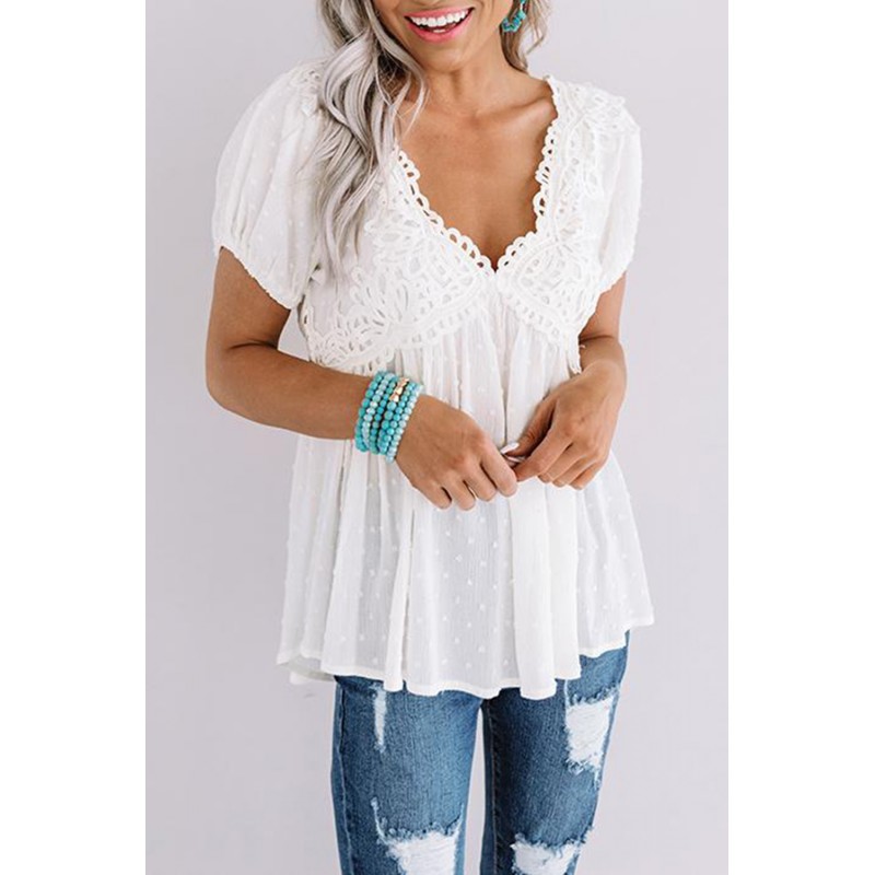 White Short Bubble Sleeves Textured Babydoll Top White Short Bubble Sleeves Textured Babydoll Top