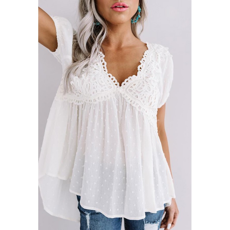 White Short Bubble Sleeves Textured Babydoll Top White Short Bubble Sleeves Textured Babydoll Top