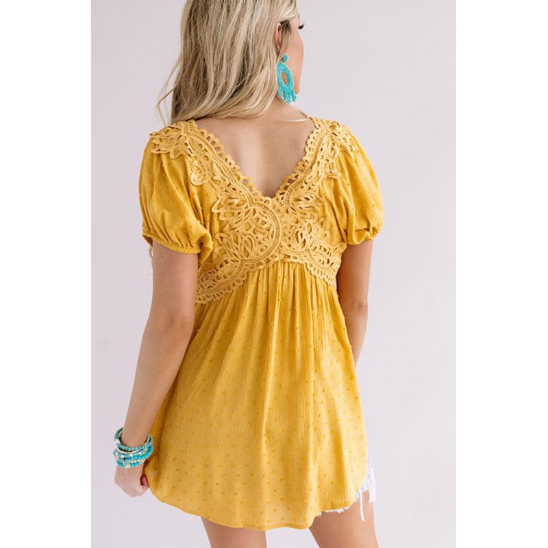 Mustard Short Bubble Sleeves Textured Babydoll Top Mustard Short Bubble Sleeves Textured Babydoll Top