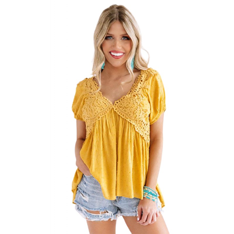Mustard Short Bubble Sleeves Textured Babydoll Top Mustard Short Bubble Sleeves Textured Babydoll Top
