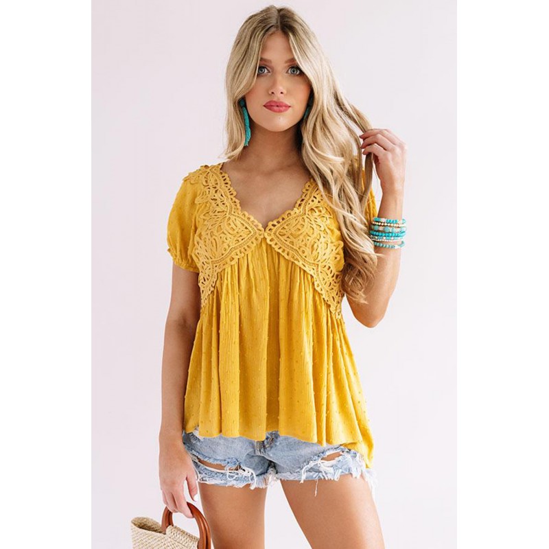 Mustard Short Bubble Sleeves Textured Babydoll Top Mustard Short Bubble Sleeves Textured Babydoll Top