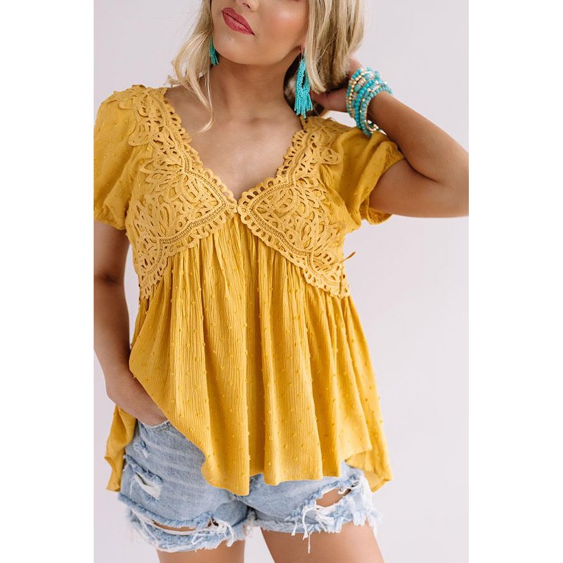 Mustard Short Bubble Sleeves Textured Babydoll Top Mustard Short Bubble Sleeves Textured Babydoll Top