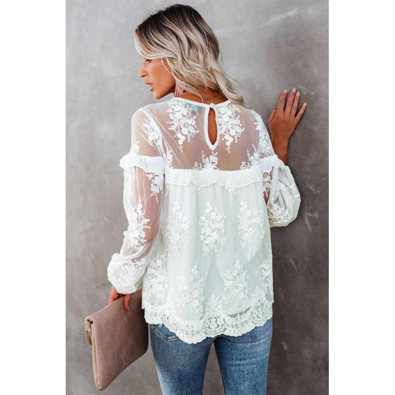 White Solid Color Crewneck Lace Mesh Ruffle Top White Solid Color Crewneck Lace Mesh Ruffle Top