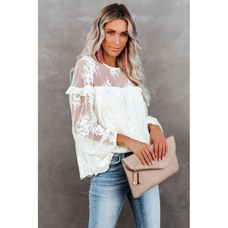 White Solid Color Crewneck Lace Mesh Ruffle Top White Solid Color Crewneck Lace Mesh Ruffle Top