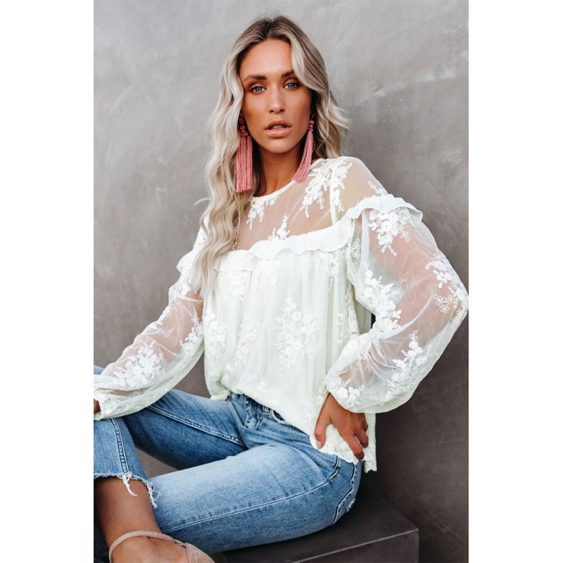 White Solid Color Crewneck Lace Mesh Ruffle Top White Solid Color Crewneck Lace Mesh Ruffle Top