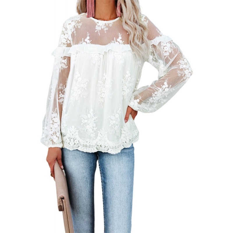 White Solid Color Crewneck Lace Mesh Ruffle Top White Solid Color Crewneck Lace Mesh Ruffle Top