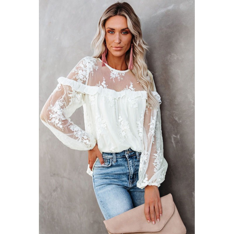 White Solid Color Crewneck Lace Mesh Ruffle Top White Solid Color Crewneck Lace Mesh Ruffle Top