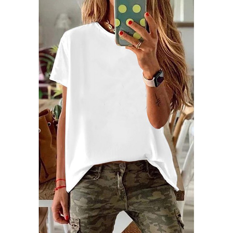 White Solid Color Crew Neck Short Sleeve Top
