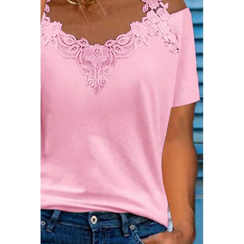 Pink Lace Splicing Cold Shoulder Short Sleeve T-shirt Pink Lace Splicing Cold Shoulder Short Sleeve T-shirt