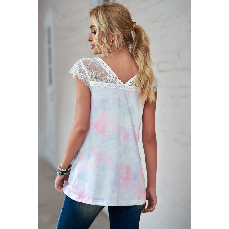 White Lace Splicing V Neck Short Sleeve Tie-dye Top White Lace Splicing V Neck Short Sleeve Tie-dye Top