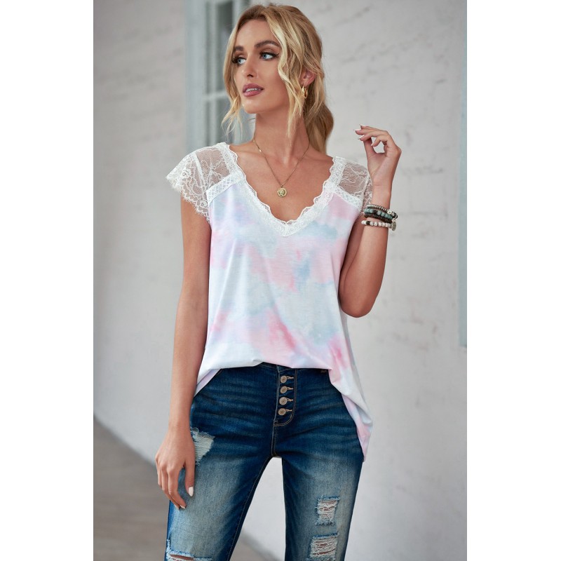 White Lace Splicing V Neck Short Sleeve Tie-dye Top White Lace Splicing V Neck Short Sleeve Tie-dye Top