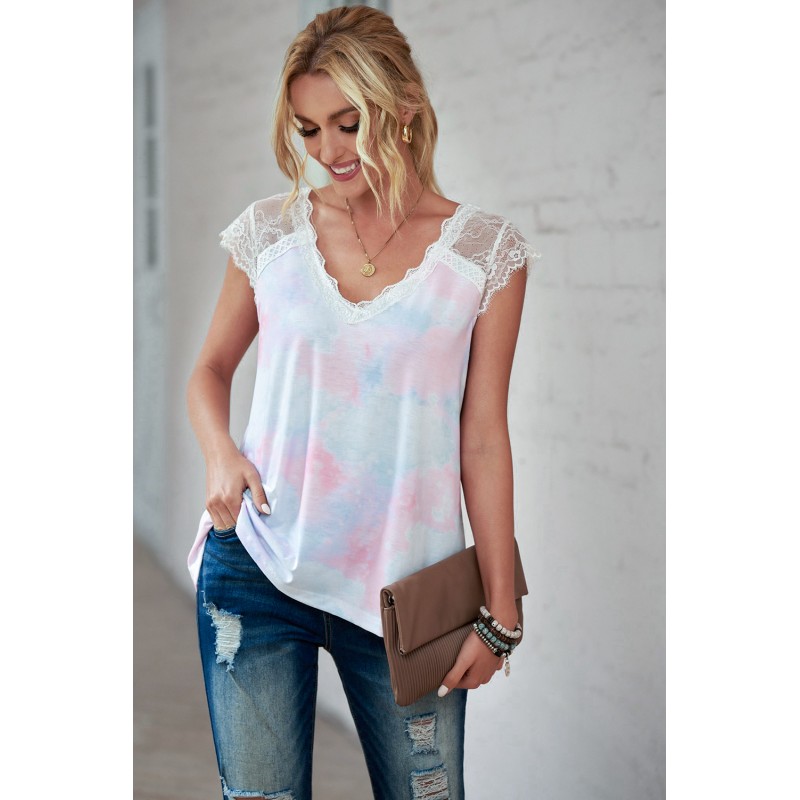 White Lace Splicing V Neck Short Sleeve Tie-dye Top White Lace Splicing V Neck Short Sleeve Tie-dye Top