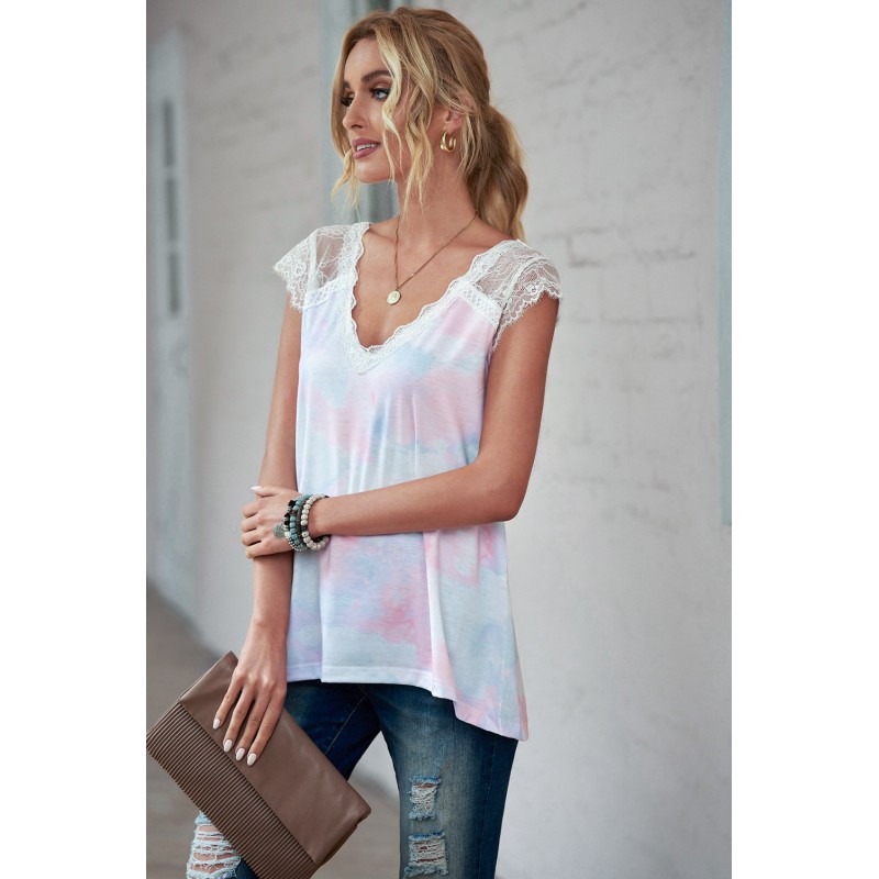 White Lace Splicing V Neck Short Sleeve Tie-dye Top White Lace Splicing V Neck Short Sleeve Tie-dye Top