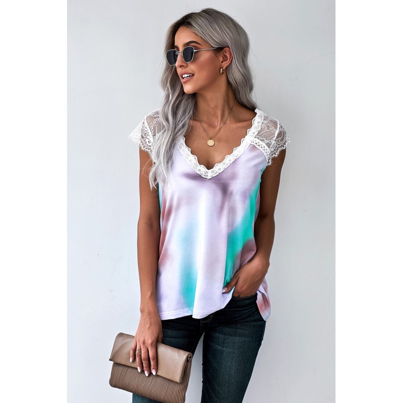Multicolor Lace Splicing V Neck Short Sleeve Tie-dye Top