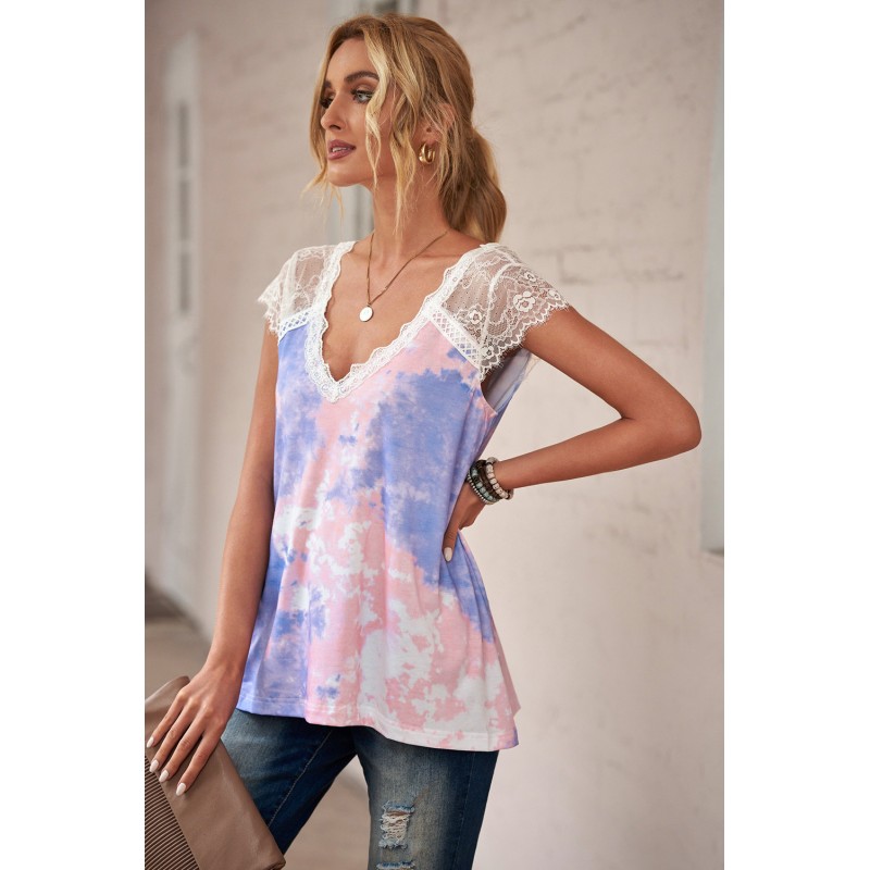 Purple Lace Splicing V Neck Short Sleeve Tie-dye Top Purple Lace Splicing V Neck Short Sleeve Tie-dye Top