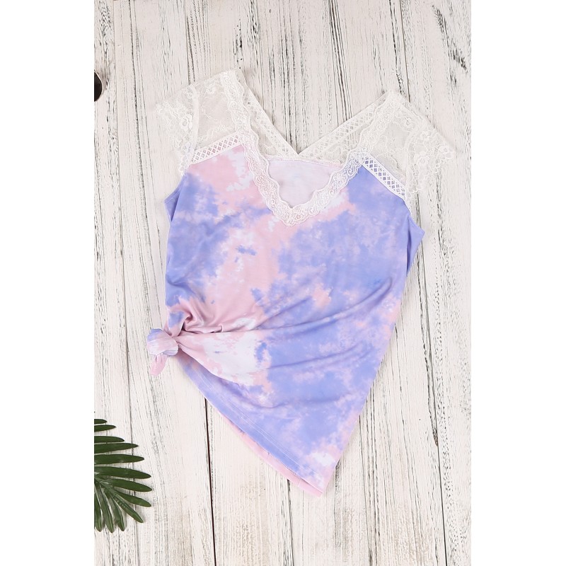 Purple Lace Splicing V Neck Short Sleeve Tie-dye Top Purple Lace Splicing V Neck Short Sleeve Tie-dye Top
