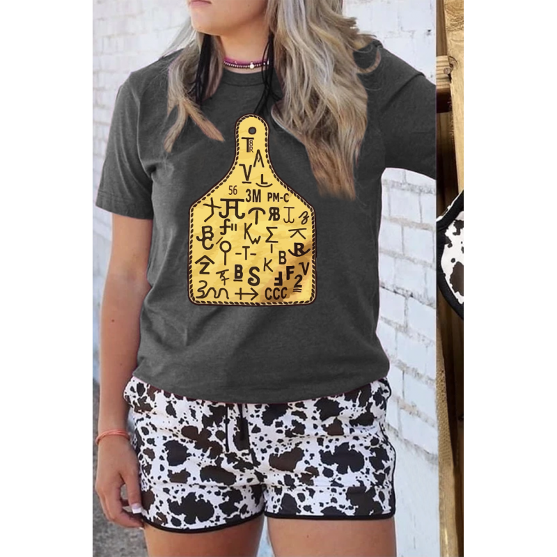 Solid Color Ox Horn Tag Graphic Gray T Shirt