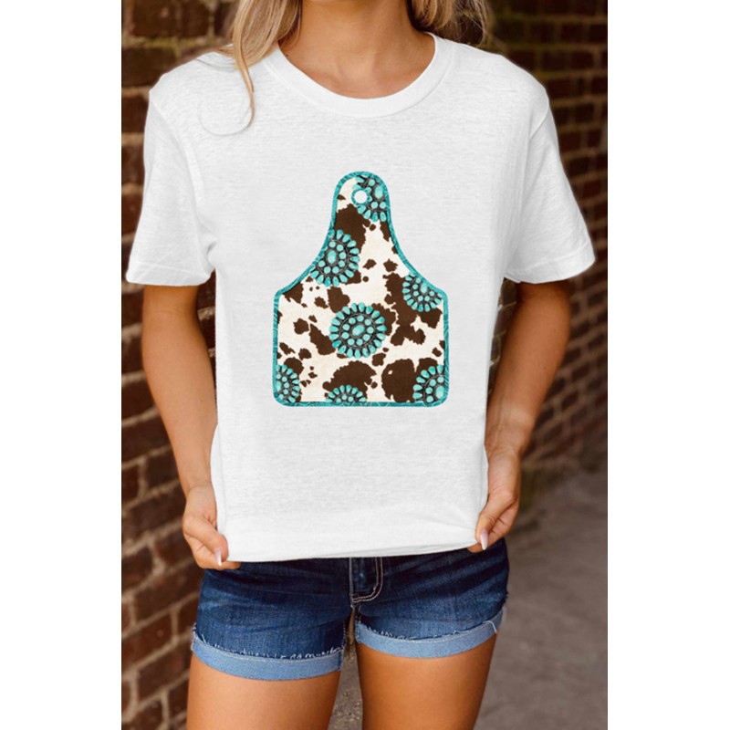 Solid White Turquoise Cow Ox Horn Tag Graphic Tee