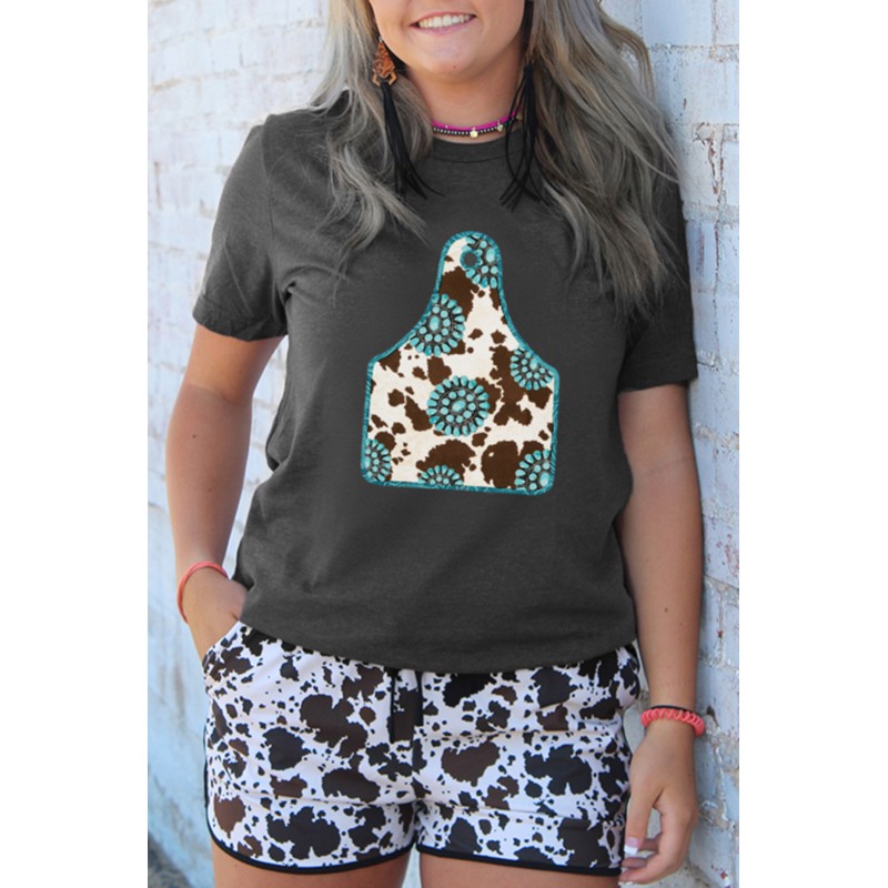 Solid Gray Turquoise Cow Ox Horn Tag Graphic Tee