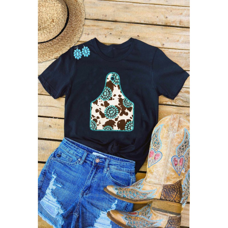 Solid Black Turquoise Cow Ox Horn Tag Graphic Tee Solid Black Turquoise Cow Ox Horn Tag Graphic Tee