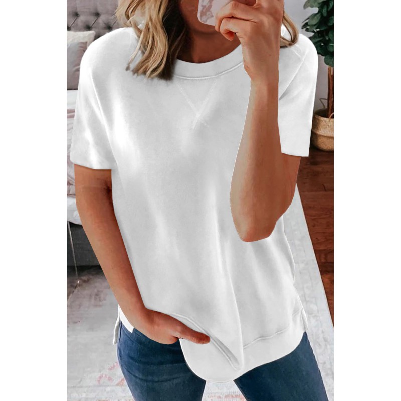 White Round Neck Short Sleeve Solid Color Tee