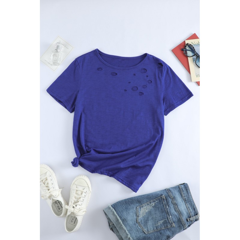 Blue Holes Crew Neck Cotton Mixed T-shirt Blue Holes Crew Neck Cotton Mixed T-shirt