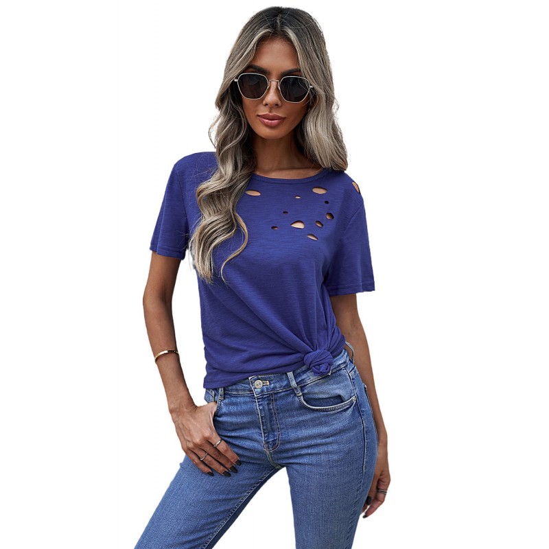 Blue Holes Crew Neck Cotton Mixed T-shirt Blue Holes Crew Neck Cotton Mixed T-shirt