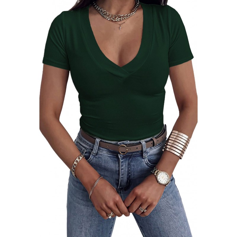 Green Solid Color V Neck Bodycon T-shirt Green Solid Color V Neck Bodycon T-shirt