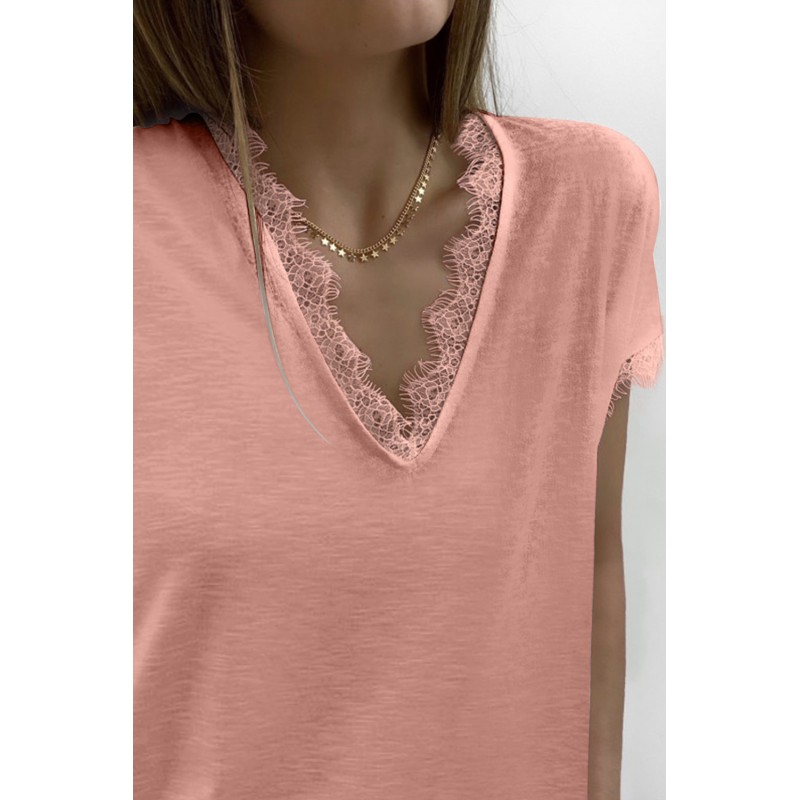 Pink V Neck Lace Trim Short Sleeve Top Pink V Neck Lace Trim Short Sleeve Top