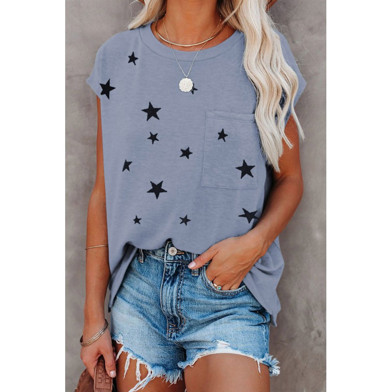 Grey Crew Neck Star Print T-shirt with Pocket Grey Crew Neck Star Print T-shirt with Pocket