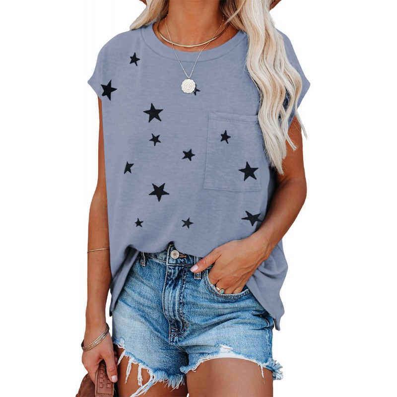 Grey Crew Neck Star Print T-shirt with Pocket Grey Crew Neck Star Print T-shirt with Pocket