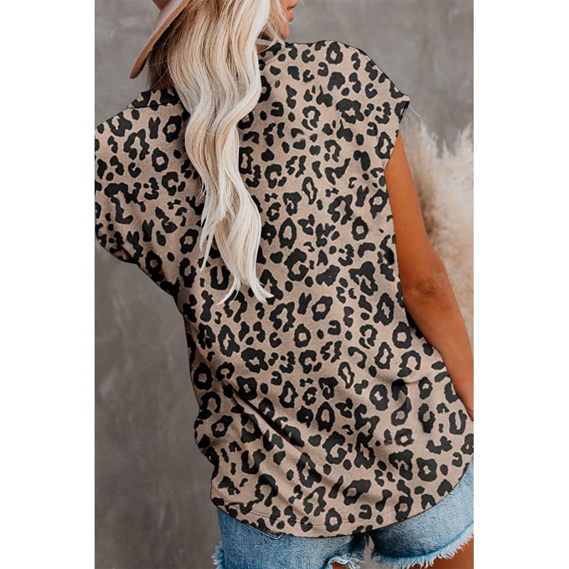 Brown Crew Neck Leopard Print T-shirt with Pocket Brown Crew Neck Leopard Print T-shirt with Pocket