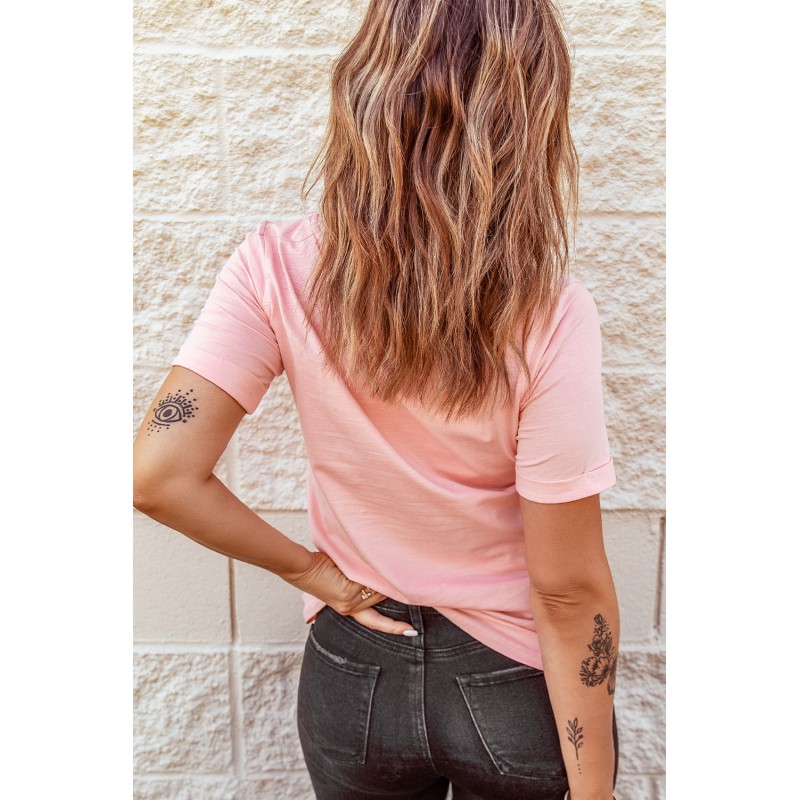 Pink Solid Color Rolled Short Sleeve T Shirt Pink Solid Color Rolled Short Sleeve T Shirt