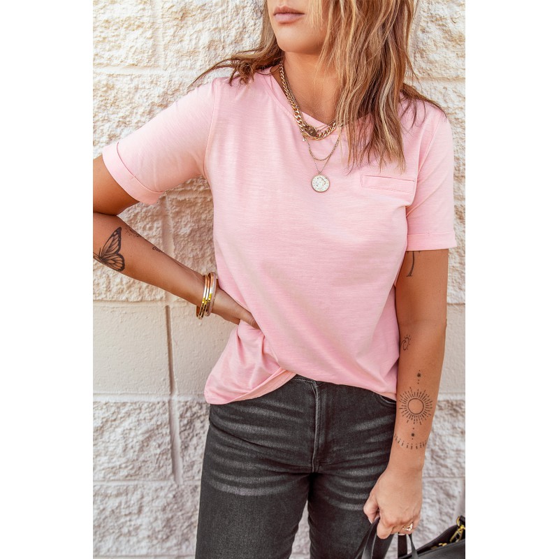 Pink Solid Color Rolled Short Sleeve T Shirt Pink Solid Color Rolled Short Sleeve T Shirt