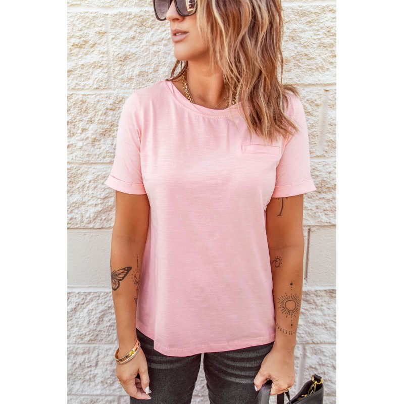 Pink Solid Color Rolled Short Sleeve T Shirt Pink Solid Color Rolled Short Sleeve T Shirt