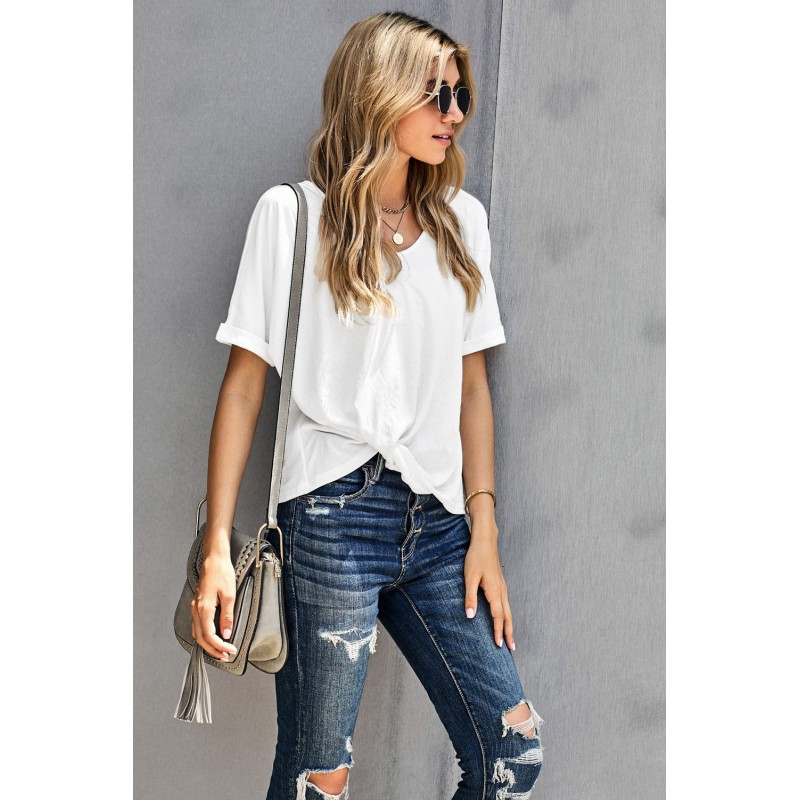 White Plain Crew Neck Short Sleeve Twist Tee White Plain Crew Neck Short Sleeve Twist Tee