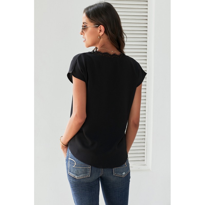 Black V Neck Lace Trim T-shirt Black V Neck Lace Trim T-shirt