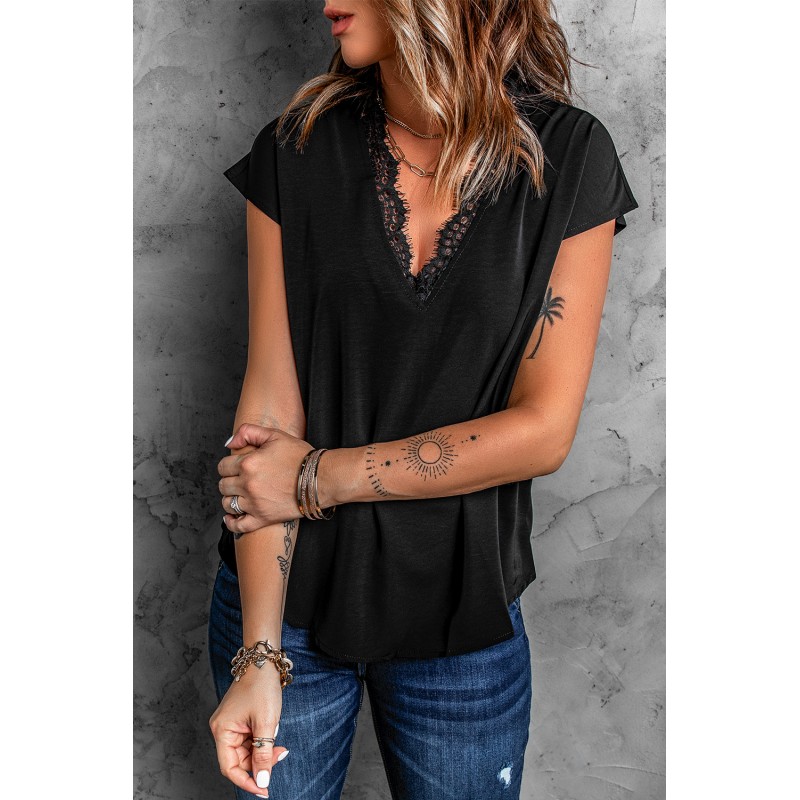 Black V Neck Lace Trim T-shirt Black V Neck Lace Trim T-shirt